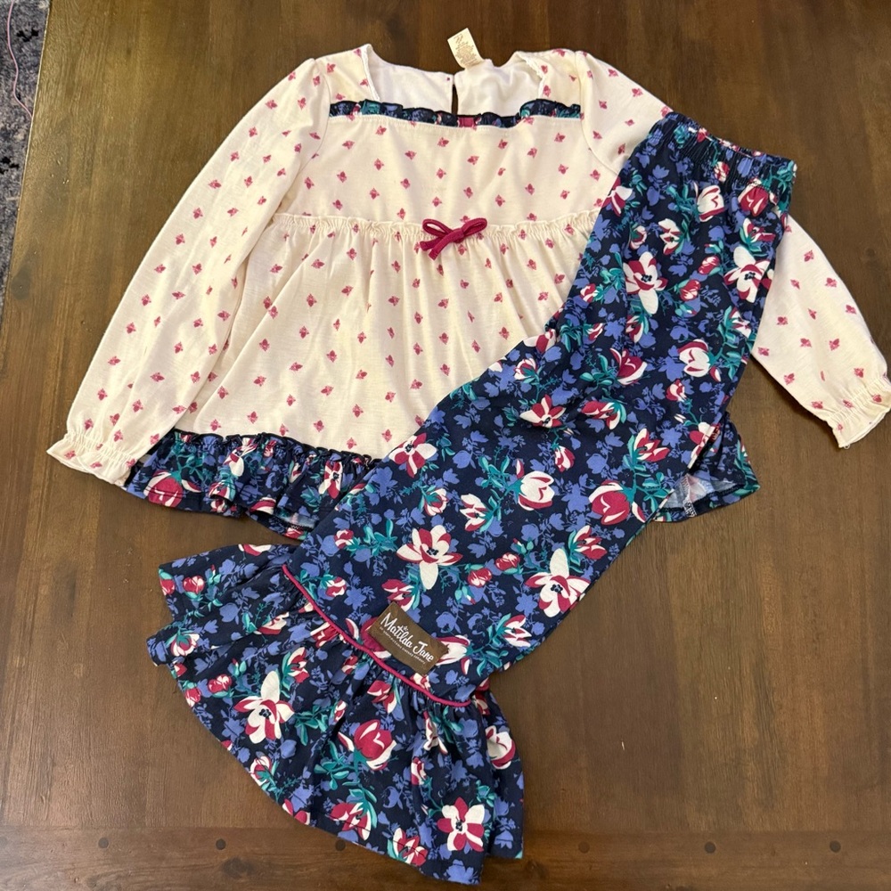Matilda Jane Girls Floral Ruffle Pajama Set Cream Pink Navy Size 8 Loungewear